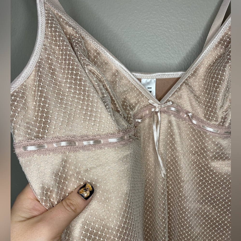 Luxury Designer Intimo Rose Gold Mesh Satin Asymmetrical Ribbon Lingerie Dress - Picture 13 of 14